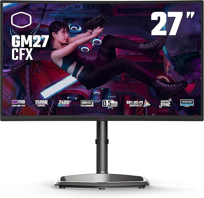 Cooler Master 27-inch Curved Frameless 240Hz FHD 1920 x 1080 Desktop Gaming PC Monitor VA 8bit w/Quantum dot 0.5ms (MPRT) Curve 1500R Adaptive Sync DP 1.2 * 1 + HDMI 2.0 * 2 VESA Mount