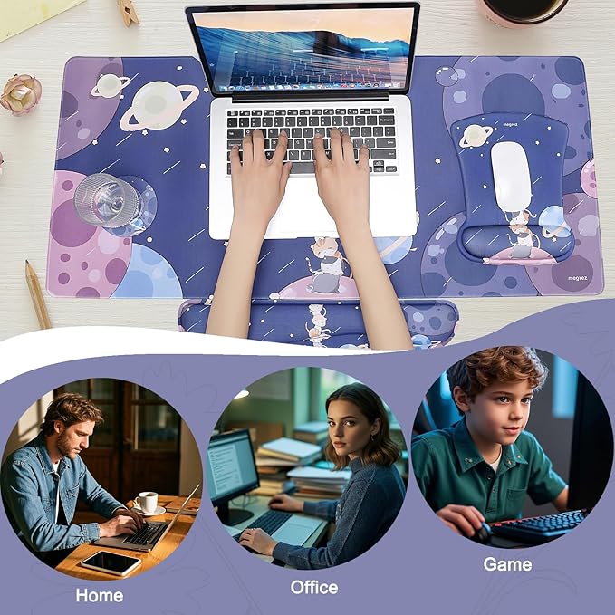 MEGREZ 4-in-1 Ergonomic Memory Foam Wrist Rest Set Desk Pad Mouse Pad with Wrist Rest Keyboard Pad Suitable for Office Workers Programmers &amp Gamers–Relieve Typing &amp Gaming Fatigue Cat Pl
