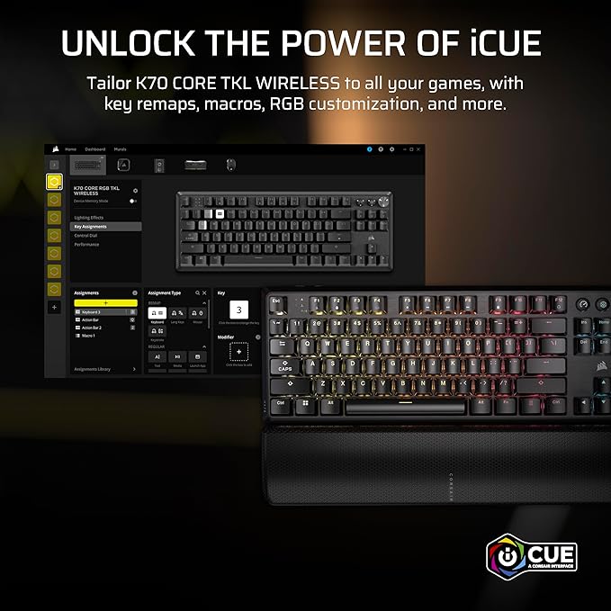 Corsair K70 CORE TKL Wireless RGB Tenkeyless Mechanical Gaming Keyboard – Pre-Lubed MLX Red v2 Linear Switches SOCD ABS Double-Shot Keycaps Sound Dampening 1000Hz Polling QWERTY NA – Black