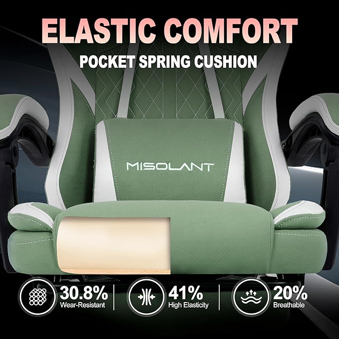 Misolant Gaming Chair Fabric Gamer Chair with footrest for Adults High Back Ergonomic Computer Game Chair with Adjustable Headrest and Massage Lumbar Support 90-155° Recline Free Green