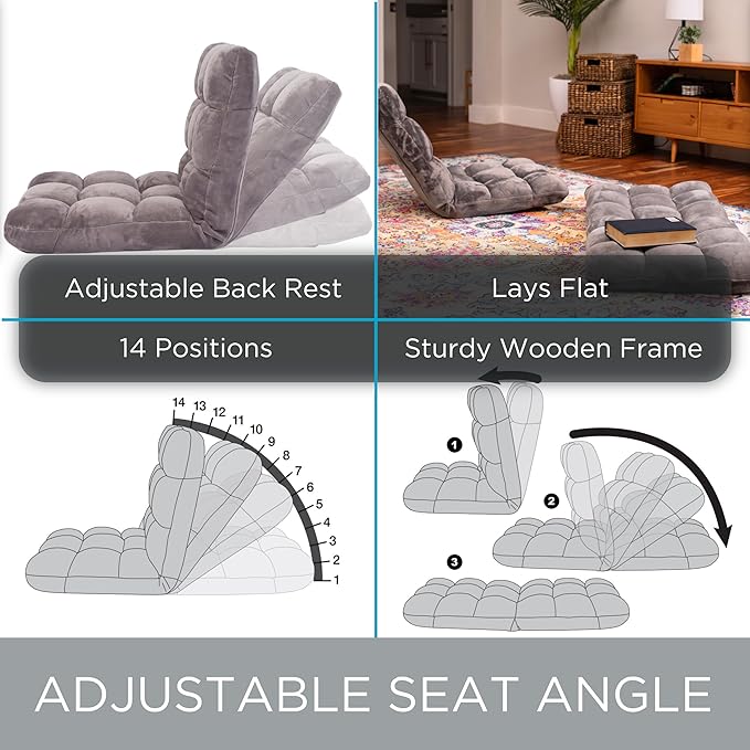 BIRDROCK HOME Adjustable Memory Foam Floor Chair - Ideal for Gaming Reading Meditation - Comfortable and Versatile - Suitable for Kids and Teenagers - Comfy Foldable Floor Seat - Grey