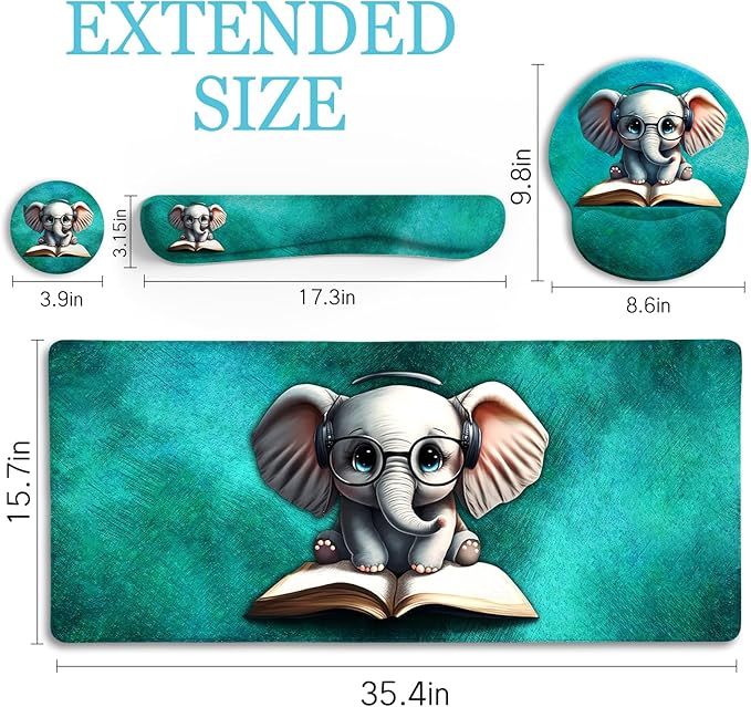 Desk Mat Pad Large Gaming Mouse Pad with Wrist Rest Wrist Support Ergonomic Mouse Pad Keyboard Mat Wrist Rest Cup Coaster Home Office Desk Accessories Decor Supplies Cute Elephant