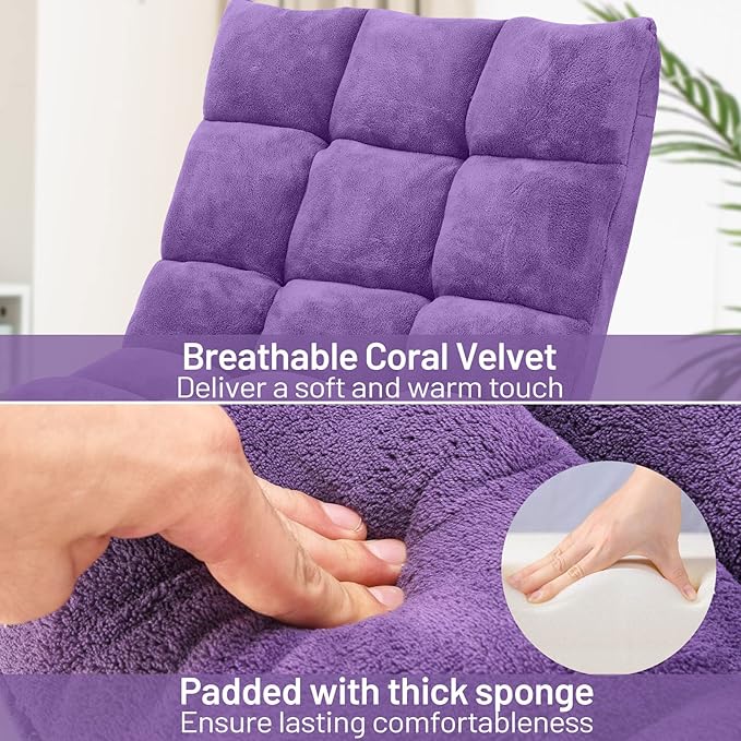 COSTWAY Adjustable Gaming Chair Purple 14-Position Back Support Soft Coral Fleece Portable Lightweight 22 x 24 x 22