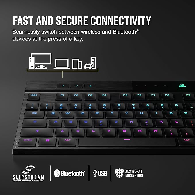 Corsair K100 AIR Wireless RGB Mechanical Gaming Keyboard - Ultra-Thin Sub-1ms Slipstream Low-Latency Bluetooth Cherry MX Ultra Low Profile Keyswitches - NA Layout QWERTY - Black
