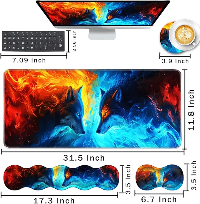 Keyboard Wrist Rest and Mouse Pad with Wrist Support Set Ergonomic CoasterMemory FoamEasy Typing Pain ReliefLarge XL Desk Mat 31.5x 11.8Ice Wolf and Fire Wolf