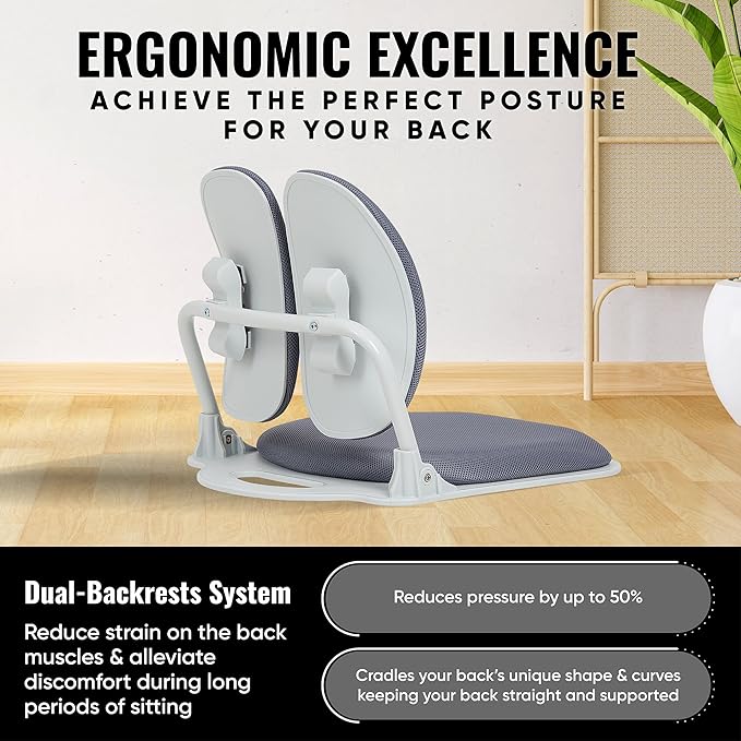 【Made in Korea】 Dual-Backrests Ergonomic Floor Chair with Back Support - Meditation Chair Floor Gaming Chair Reading Chair Floor Chairs for Adults Foldable Chair (Grey)
