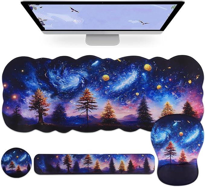 Petmolico Wrist Rest Set with Computer Keyboard Desk PadMouse Wrist RestKeyboard Typing Wrist Pad and Cup CoastersErgonomic Design for Typing Pain Relief [Blue Aurora Night Sky]