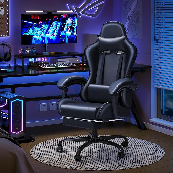 JUMMICO Gaming Chair Ergonomic Computer Chair with Footrest and Massage Lumbar Support Height Adjustable Video Gaming Chair with 360° Swivel Seat and Headrest (Black)