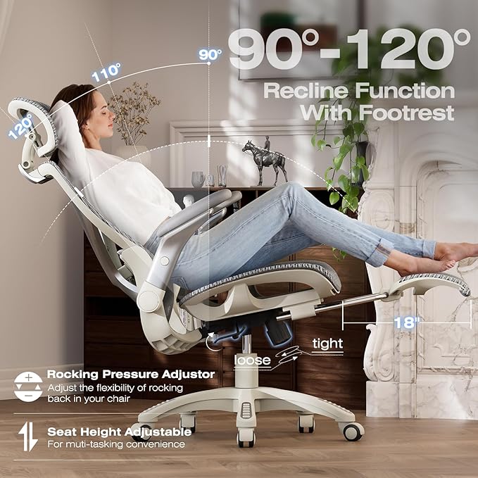 ELABEST X100 Ergonomic Office Chair with Footrest Big and Tall Home Desk Chair with 5D Flip-Up Arms Adjustable 3D Lumbar SupportHigh Back Rolling Computer Chair Swivel Mesh Chairs (Frosted Dawn)