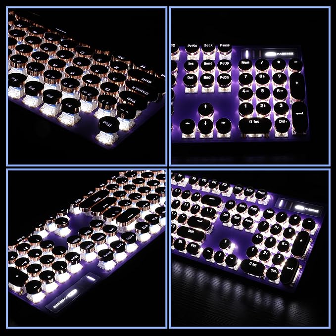 Camiysn Typewriter Style Mechanical Gaming Keyboard Purple Retro Punk Gaming Keyboard with White Backlit 104 Keys Blue Switch Wired Cute Keyboards Round Keycaps for Windows/Mac/PC