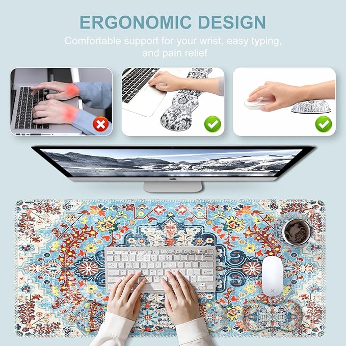 iLeadon Mouse Pad Set Desk Mat + Mouse Pad with Wrist Rest + Keyboard Wrist Rest + Coaster 4in1 Large Gaming Mouse Pad Set for Home Office Retro Boho Floral Blue