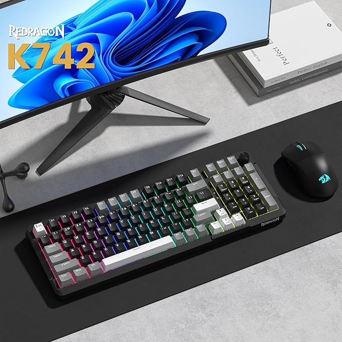 Redragon K742 Wireless Mechanical Gaming Keyboard with Knob Bluetooth 5.0/2.4GHz/USB C Wired Creamy Keyboard with Number Pad for PC Computer RGB Backlits Hot-Swappable with Linear Switches (Black)