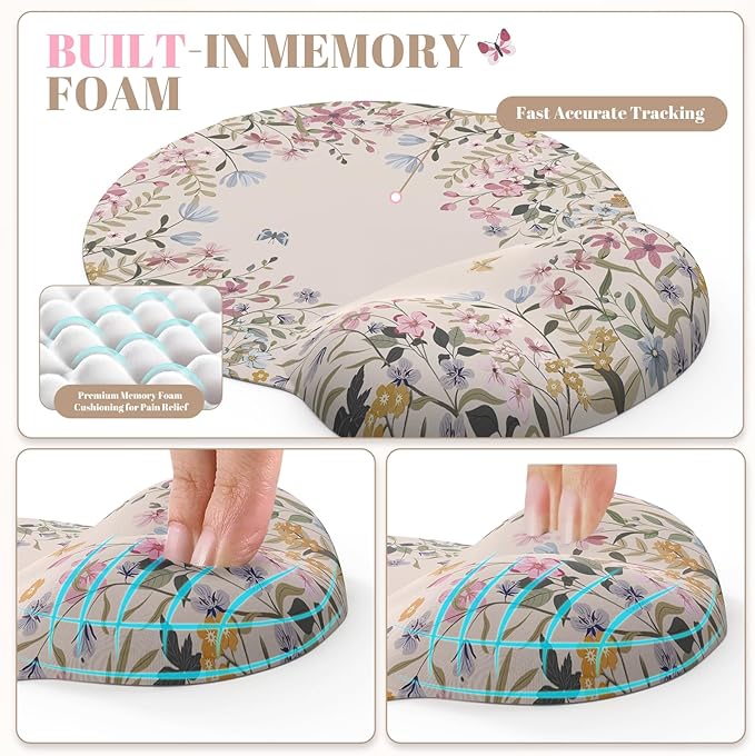 iCasso Desk Mat SetLarge Mouse Pad with Wrist RestErgonomic Keyboard Wrist Support for WomenGirly Floral Computer Mat with Scalloped EdgesNon-Slip Desk Pad Home Office Gaming (Beige)