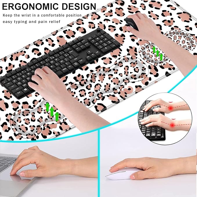 Keyboard Wrist Rest and Mouse Pad with Wrist Support Set Ergonomic CoasterMemory FoamEasy Typing Pain ReliefLarge XL Desk Mat 31.5x 11.8Leopard Print