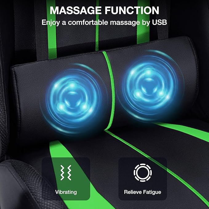 HOFFREE RGB Gaming Chair with Speakers Massage Computer Gaming Chair with LED Lights and Footrest High Back Video Game Chair for Adults Green and Black