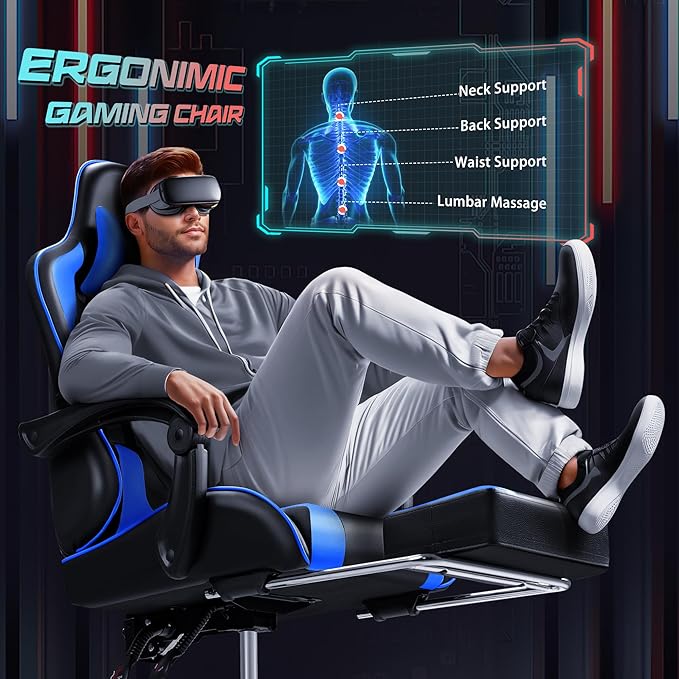 JUMMICO Gaming Chair Ergonomic Computer Chair with Footrest and Massage Lumbar Support Height Adjustable Video Gaming Chair with 360° Swivel Seat and Headrest (Blue)