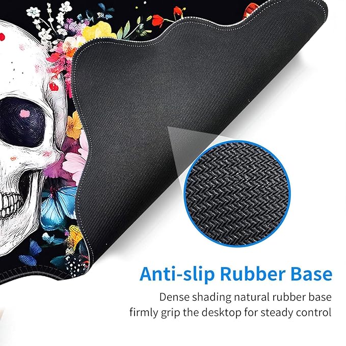 Desk Mat Mouse Pad with Wrist Rest 4-in-1 Large Mouse Pads for Desk Ergonomic Mouse Pad and Keyboard Wrist Rest Gaming Keyboard Mat for OfficeSkull Flowers Butterflies