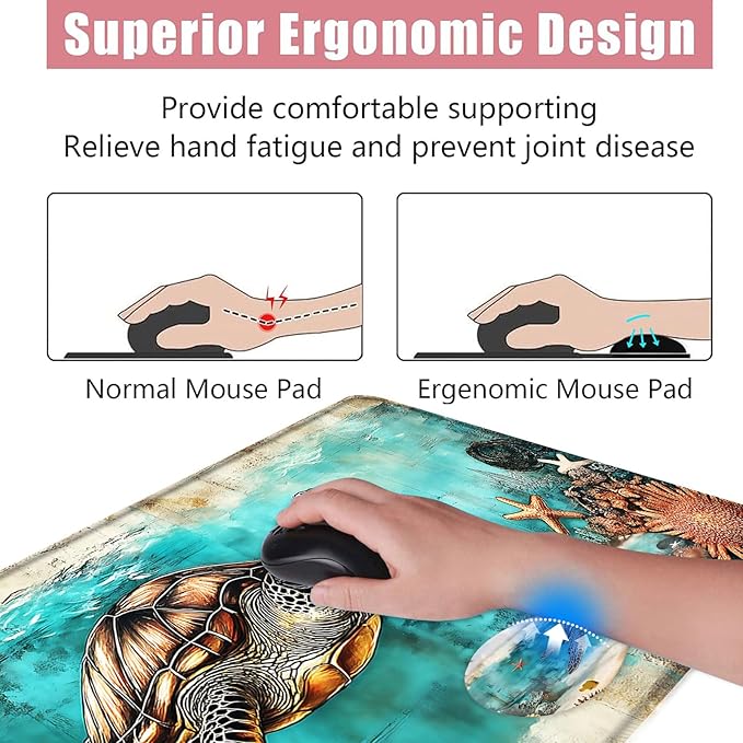 Large Keyboard Mouse Pad Set Extended Mouse Pad+Keyboard Wrist Rest Support Memory Foam Ergonomic Easy Typing 4Pcs (31.5×11.8 in) Desk Pad Set for Office HomeWatercolor Sea Turtle