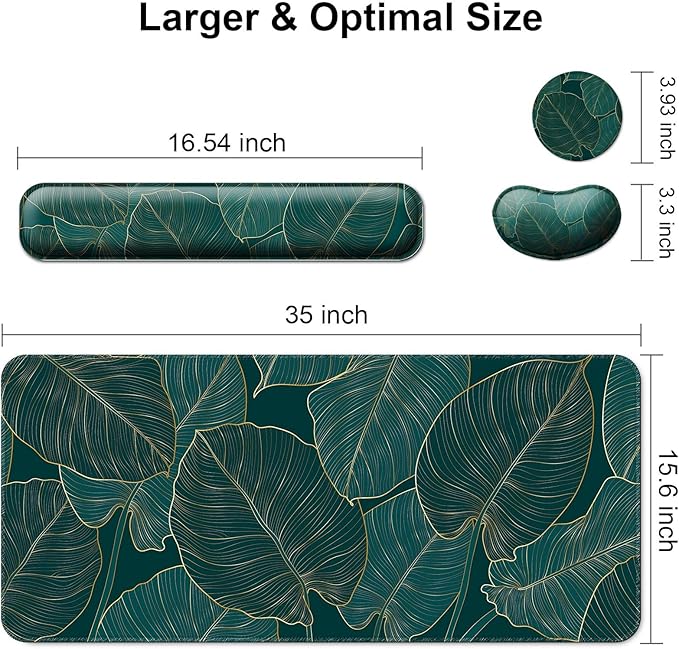Keyboard Wrist Rest + Mouse Pad with Wrist Support + Desk Mat + Coaster 4 in 1 Set XXL Large Gaming Mousepad Cute Ergonomic Mouse Pads for Desk Computer Laptop Office Decor-Green Leaves