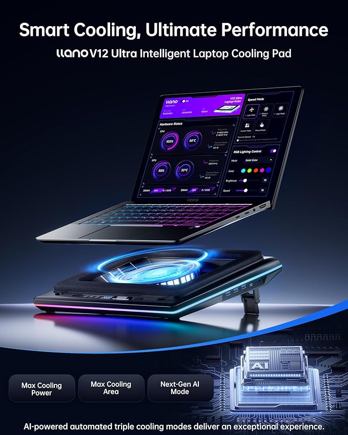 llano V12 Ultra Laptop Cooling Pad with Smart Software Control RGB Gaming Laptop Fan Cooler Stand 5.5 Turbo Fan Adjustable Speed 3-Port USB 3.0 Hub 3 Height Stands for 15.6-19 Laptops Black