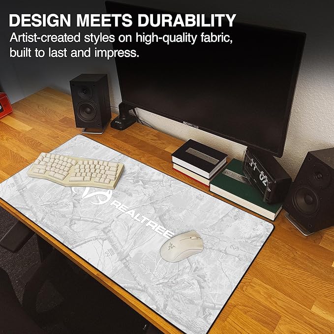 MPCO. Real Tree Large Gaming Desk Pad - 36 x 17 Duraglyde Fabric Edge Snow White – with Logo Desk Mats - Non-Slip Washable Smooth Glide for Precision Gaming &amp Work
