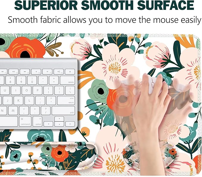 ARTSO Extended Gaming Mouse Pad Set Keyboard Wrist Rest Support Pad + Wrist Cushion + XXL Large Mouse Pad + Coaster Stitched Edge Non-Slip Memory Foam Desk Mat Flower