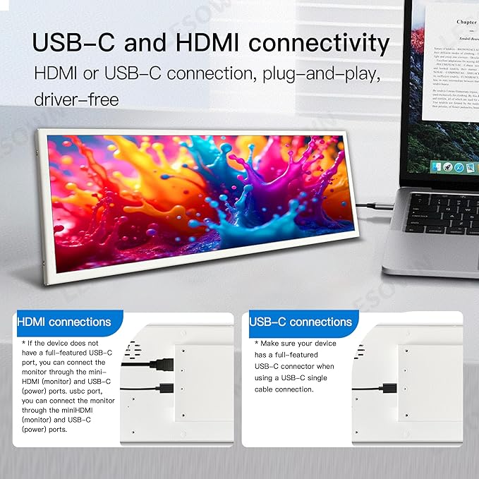 12.3-inch Strip Widescreen Portable HDMI Bar Monitor HD 1920x720 Stretched Secondary Display 1400:1 Contrast for PC Laptop