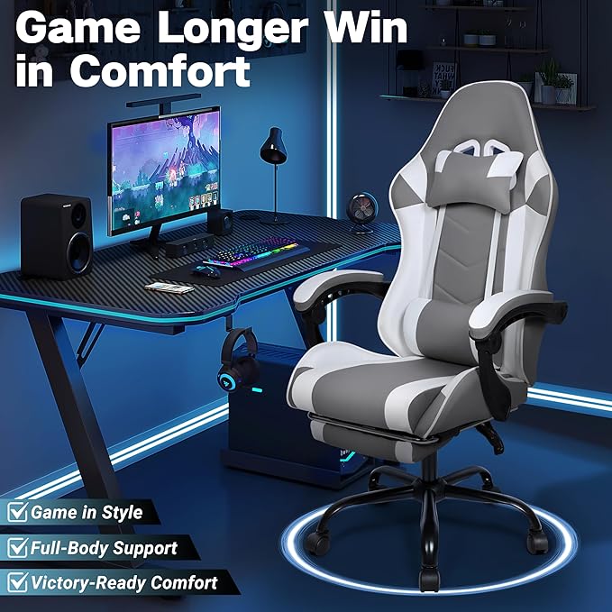 Gaming Chair Ergonomic Computer Chair with Footrest and Lumbar Support Height Adjustable Office Chair with 360° Swivel Seat and Headrest (White)