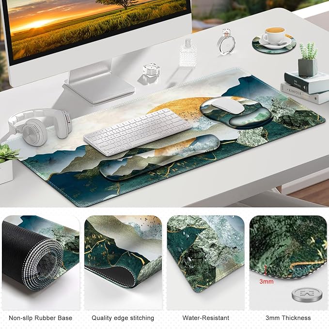 Gaming Mouse Pad Large Desk Mat Cute Desk Pad Protector 4in1 XXL Mousepad +Keyboard Wrist Rest+Mouse Wrist Rest+Coaster Set with Ergonomic Desk Pad for Home Office Table Computer Green Mountain