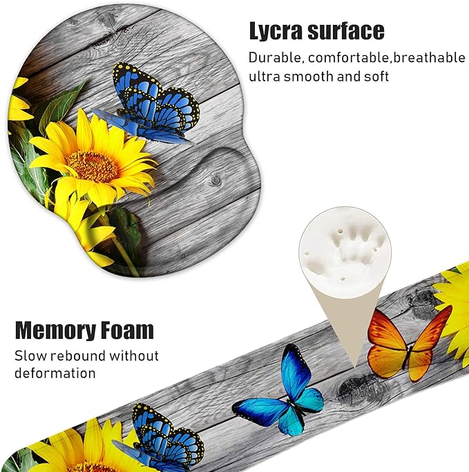 Keyboard Wrist Rest and Mouse Pad Wrist Rest Support Non-Slip PU Base Ergonomic Gaming Mousepad for Home Office Working Studying Easy Typing &amp Pain Relief - Sunflower and Purple Butterfly