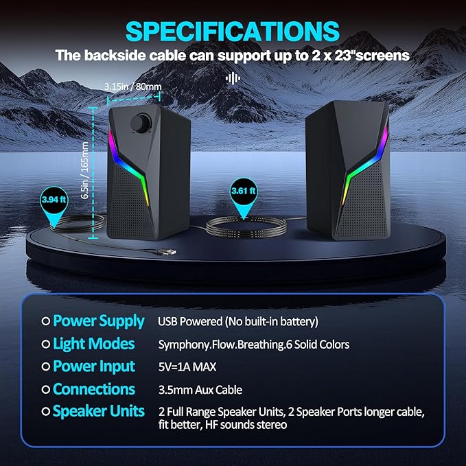 Computer Speakers PC Speakers for Desktop with 6 Lighting Modes PC Gaming Accessories Stereo Sound Desktop Computer Speakers with 2 Bass-Boost Ports USB Powered 3.5mm AUX Cable