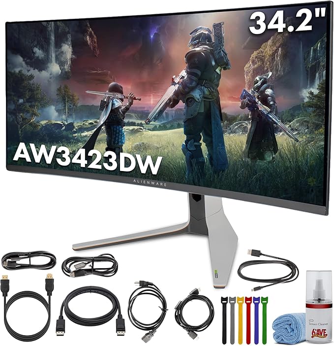 Alienware AW3423DW 34.2” Curved QD-OLED PC Gaming Monitor 3440x1440 Ultrawide 175Hz 0.1ms G-Sync Ultimate HDR True Black 400 99.3% DCI-P3 USB Hub Lunar Light Bundle