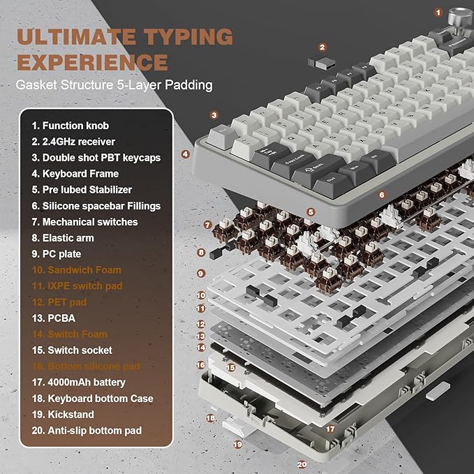 YUNZII B75 PRO Wireless Mechanical Keyboard75% Layout with KnobHot Swap Gasket Custom StructureCreamy Pre-lubed SwitchesRGB BacklitBluetooth/Type-C/2.4G for Win/Mac(Cocoa Cream V2 SwitchGrey)
