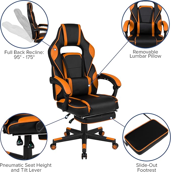 EMMA + OLIVER Black/Orange Ergonomic Gaming Chair -Recline Back/Arms Footrest Massaging Lumbar