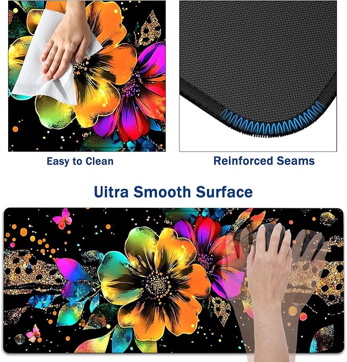 Large Mouse Pad + Keyboard Wrist Rest Set Extended Gaming Mousepad (31.5X11.8 inch) with Non-Slip Rubber Ergonomics Memory Foam Mouse Wrist Rest Support Glitter Flower Black XXL Desk Pad