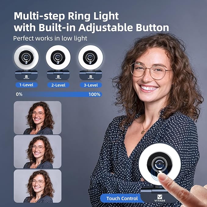 Streaming Webcam with Adjustable Ring Light Full HD 1080P Webcam with Dual Microphones and Advanced Auto-FocusPro Web Camera for Online Learning Zoom Meeting Skype Teams Gaming Laptop