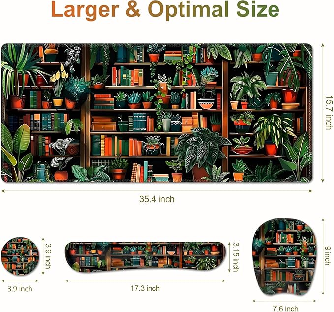 Mouse Pad with Wrist Support 4 in1 Set XXL Big Game Mousepad + Keyboard Wrist Rest + Mouse Wrist Rest Pad +Coaster Gaming Mat for Home Office Work Computer Laptop PC I Green Vine Book Forest