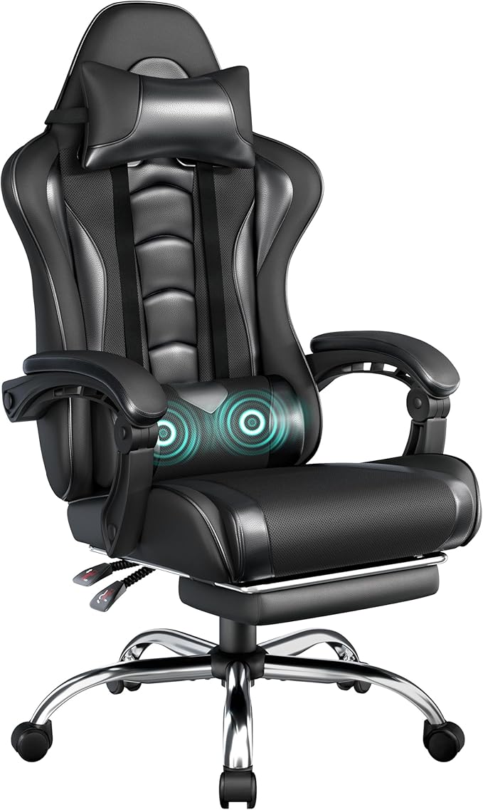 Yaheetech Gaming Chair Video Game Chair with Massage Lumbar Support and Footrest Height Adjustable Ergonomic Computer Chair with Swivel Seat and Headrest Full Black