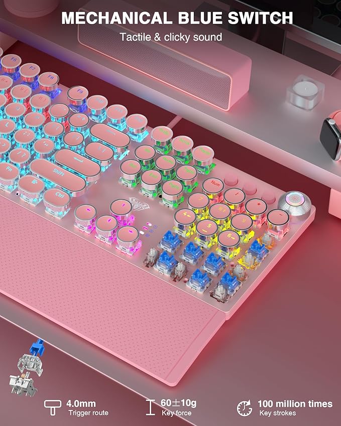 AULA F2088 Typewriter Mechanical Keyboard Pink Retro Wired Gaming Keyboard with Blue Switches Rainbow Backlit Round Keycaps Media Knob &amp Removable Wrist Rest
