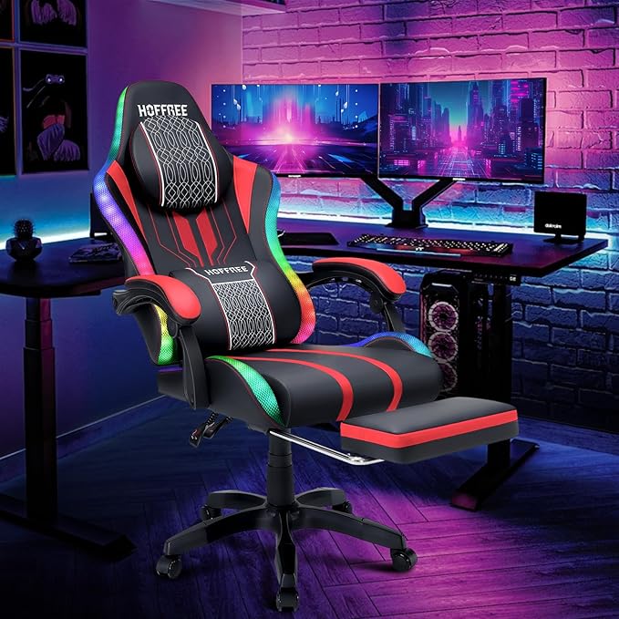HOFFREE Led Gaming Chair with Speakers and Massage Big and Tall Video Game Chair for 400lbs with Footrest Reclining High Back Computer Chair Red Black