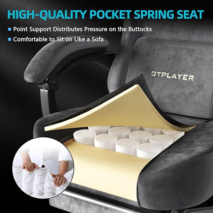GTPLAYER Gaming Chair Fabric with Pocket Spring Cushion Big and Tall Gamings Chairs 350LBS High Back Computer Chair with Footrest for Adults Lumbar Support Swivel Game Chair for Office Dark Grey
