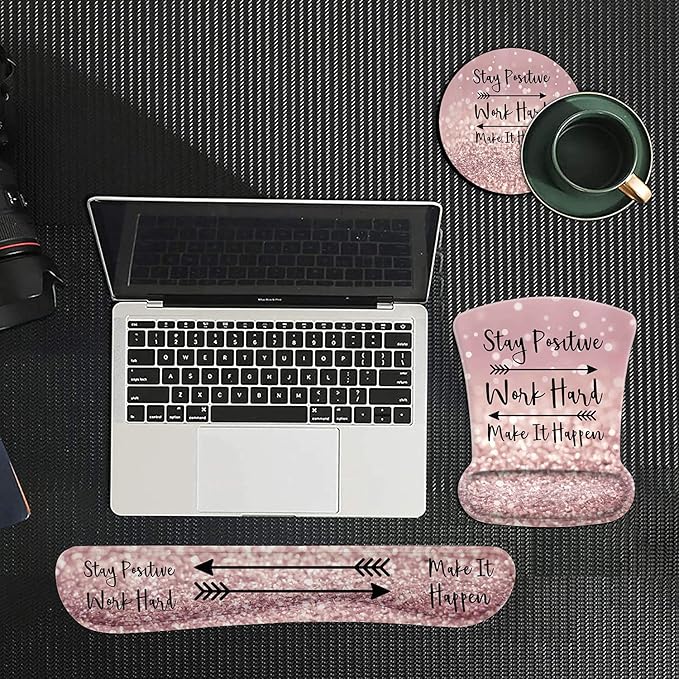 Ergonomic Mouse Pad Wrist Support Gel and Keyboard Wrist Rest Set Stay Positive Work Hard and Make It Happen Pink Glitter Design for Laptop Gaming and OfficeComfortable and Pain Relief + Coaster
