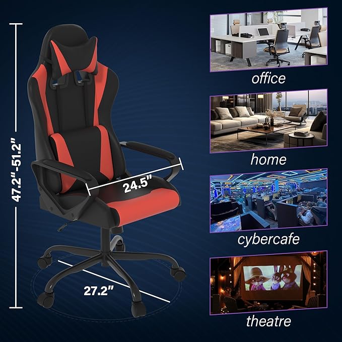 Ergonomic PU Leather Computer ChairHome Office Desk Chair with Adjustable Lumbar SupportExecutive High Back 360°Swivel Rolling Gaming Chairs for Adults(RED)