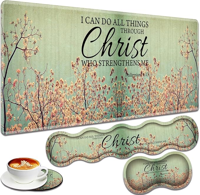 Large Gaming Mouse Pad + Keyboard Wrist Rest + Wrist Support + Coaster Set Memory Foam Ergonomic for Easy Typing XXL Extended Gaming Mouse Pad Table Pad - Sakura Philippians 4-13