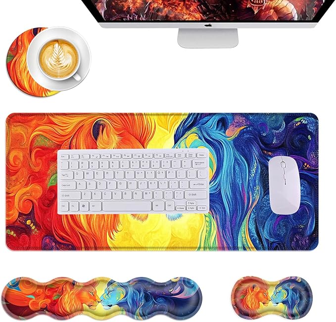 Mouse PadLarge Desk Mat Set 4in1 XL Mousepad + Keyboard Wrist Rest+Mouse Wrist Rest+Coaster with Ergonomic Desk Pad for Home Office Table Computer Cover -Rainbow Lions Abstract