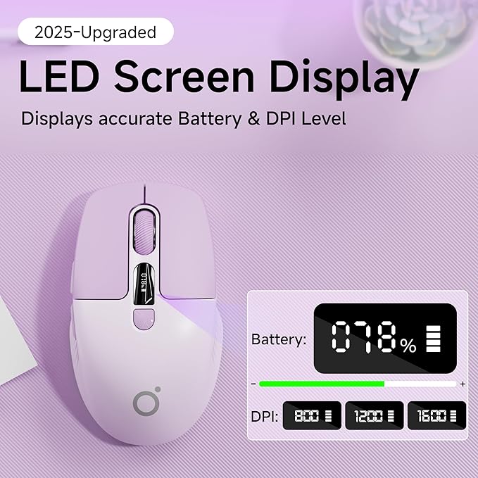 EWEADN Q1 Wireless Mouse BT &amp 2.4G Silent Mouse Quiet Click with 1600 DPI Levels Battery &amp DPI LED Screen Display 6 Button Small Portable Bluetooth Mouse for Laptop/PC/Mac-Purple