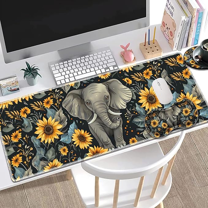 Large Gaming Mouse Pad + Mouse Wrist Rest Pad + Coaster Combination 31.5 x 11.8 Durable Non-Slip Extension Table Mat Suitable for Office and Home Baby Elephant and Sunflower