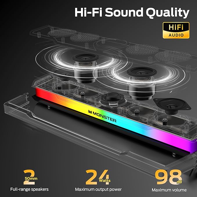 Monster S330 Computer Speakers HiFi Stereo Sound PC Speakers Bluetooth 6.0 Computer Sound Bar with Dynamic RGB Light USB/Type-C Plug &amp Play Gaming Speakers for Computer Desktop PC Laptop Ta