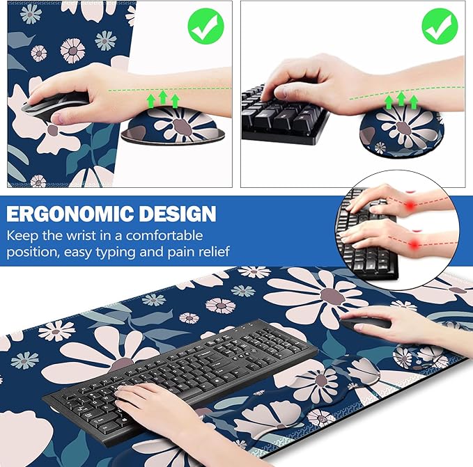 ARTSO Keyboard Mouse Pad Set Blue Flower Large Gaming Mousepad +Keyboard Wrist Rest +Mouse Wrist Rest +Coaster Ergonomic Mousepad Memory Foam Cushion for Home Office