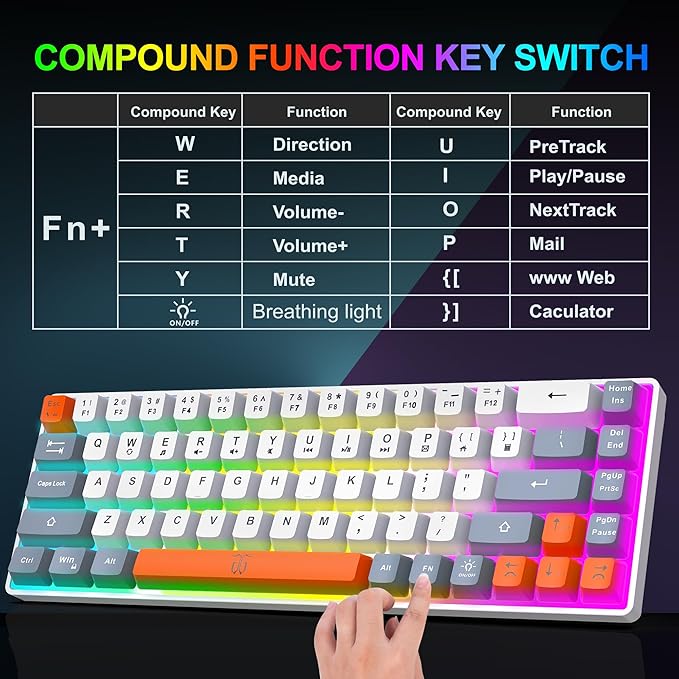 Snpurdiri 60% Wireless Gaming Keyboard and Mouse ComboRainbow Backlit Rechargeable 2000mAh BatteryMini Mechanical Feel Keyboard +Popular RGB Mice for GamingBusiness Office(Gray-White-Orange)